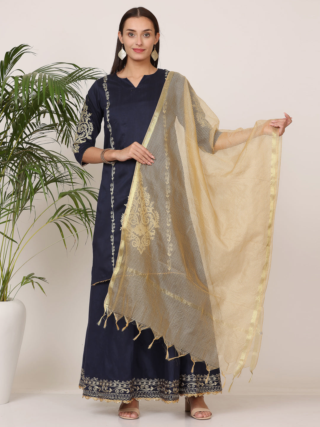 Kaanchie Nanggia Navy Blue Pure Silk Embroidered Flayed Kurta Skirt with Dupatta (Set of 3)