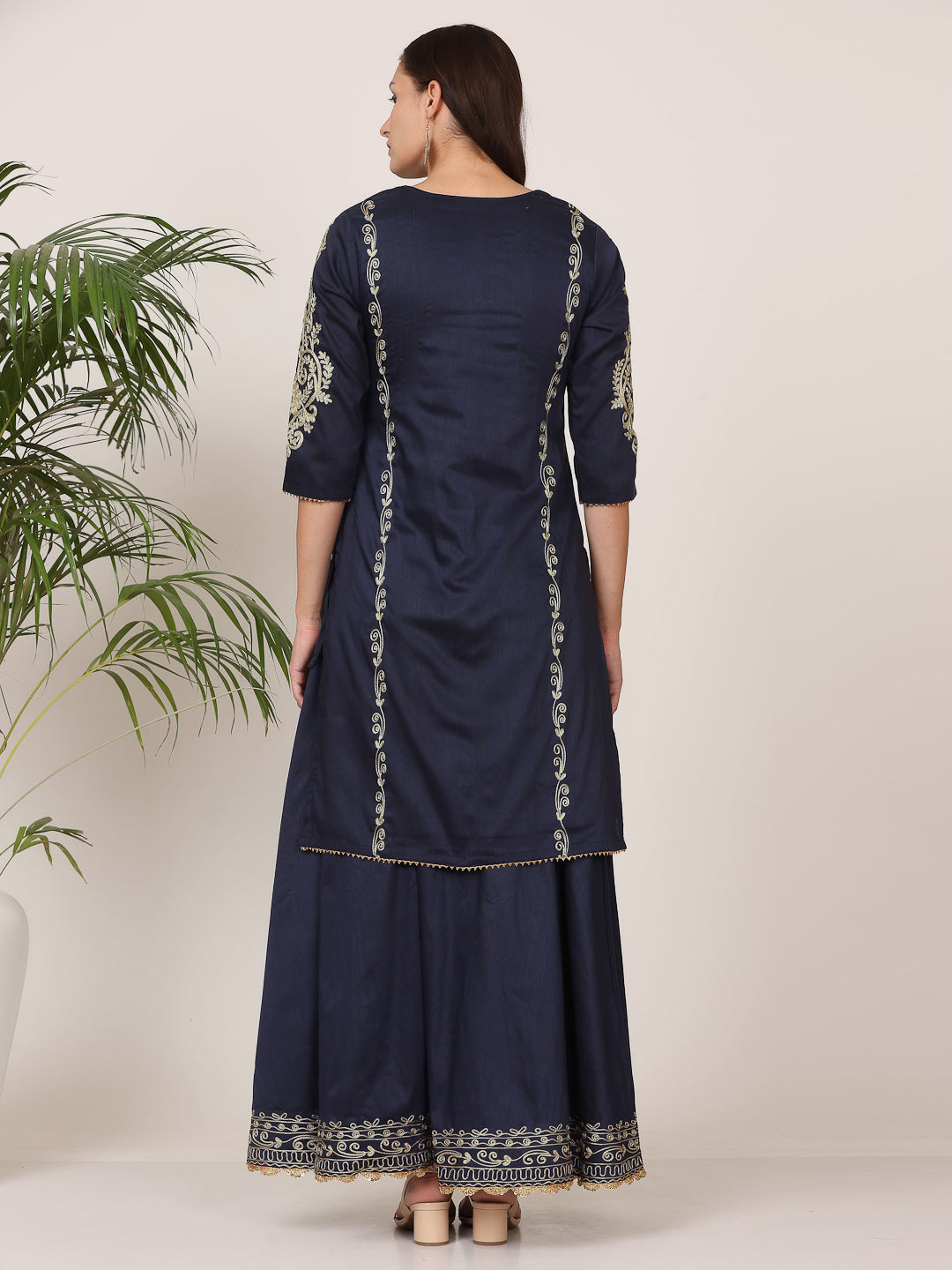 Kaanchie Nanggia Navy Blue Pure Silk Embroidered Flayed Kurta Skirt with Dupatta (Set of 3)