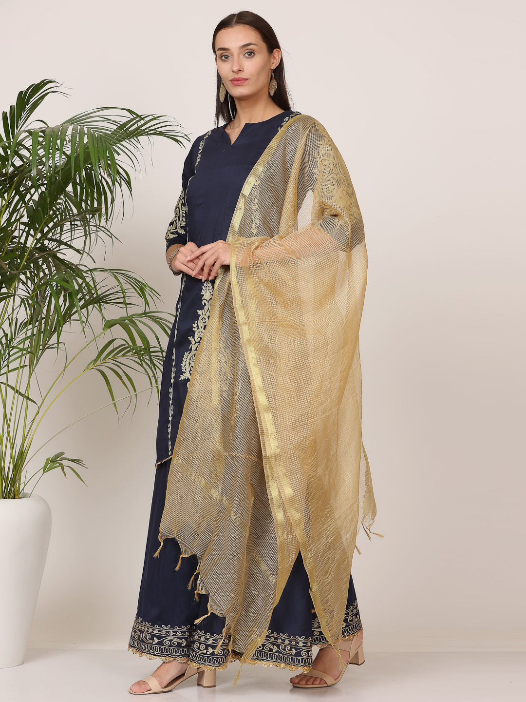 Kaanchie Nanggia Navy Blue Pure Silk Embroidered Flayed Kurta Skirt with Dupatta (Set of 3)