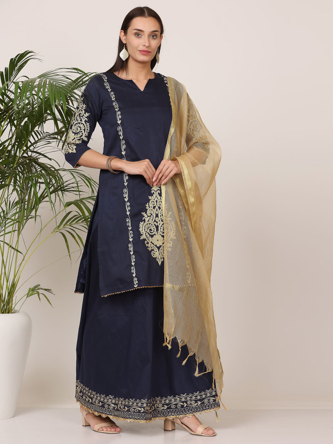 Kaanchie Nanggia Navy Blue Pure Silk Embroidered Flayed Kurta Skirt with Dupatta (Set of 3)