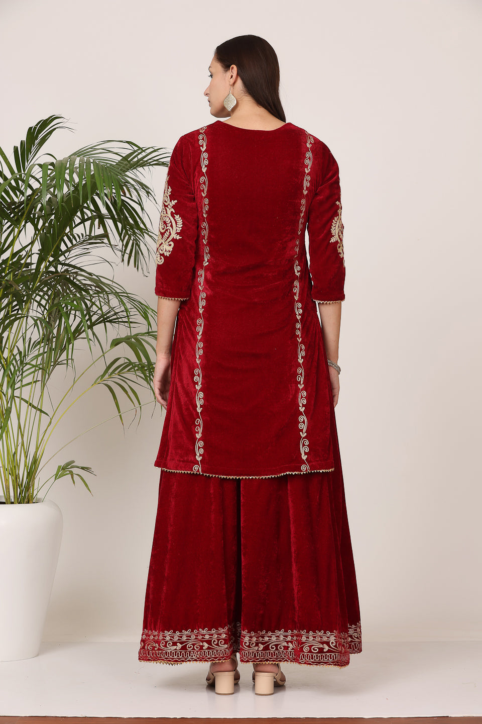 Kaanchie Nanggia Maroon Velvet Embroidered Kurta Skirt with Dupatta (Set of 3)