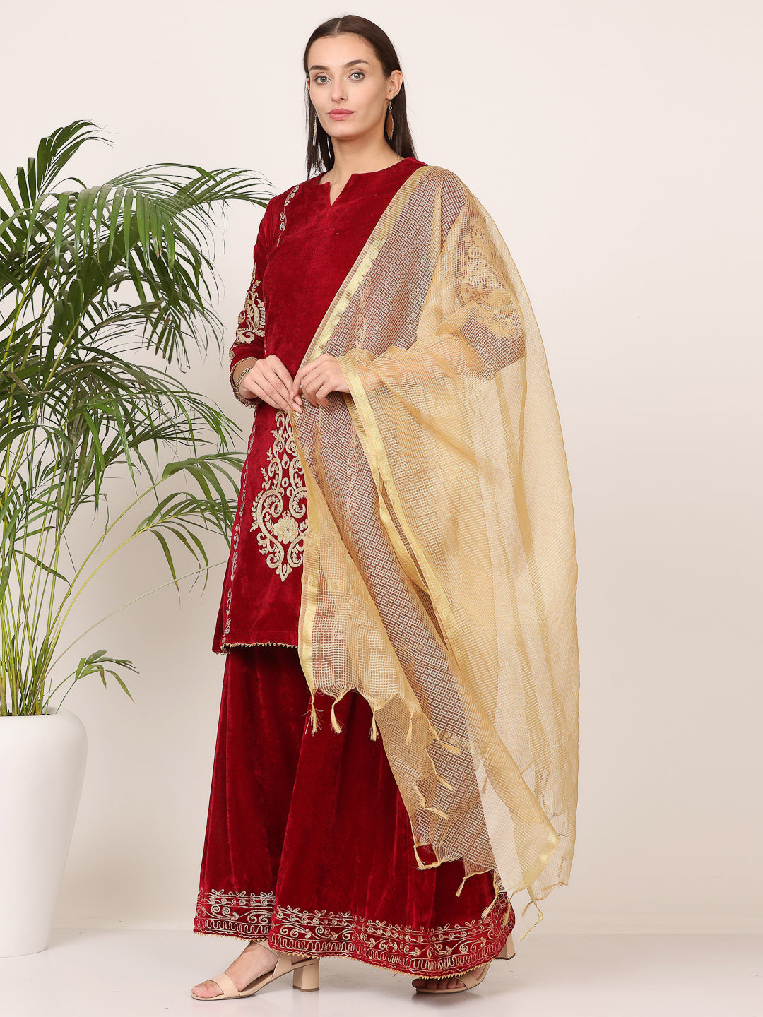 Kaanchie Nanggia Maroon Velvet Embroidered Kurta Skirt with Dupatta (Set of 3)