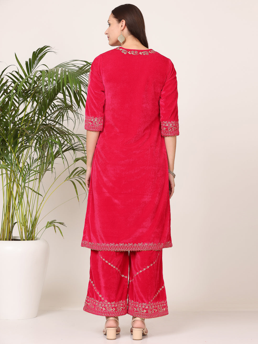Kaanchie Nanggia Pink Velvet Embroidered Kurta Palazzo with Dupatta (Set of 3)