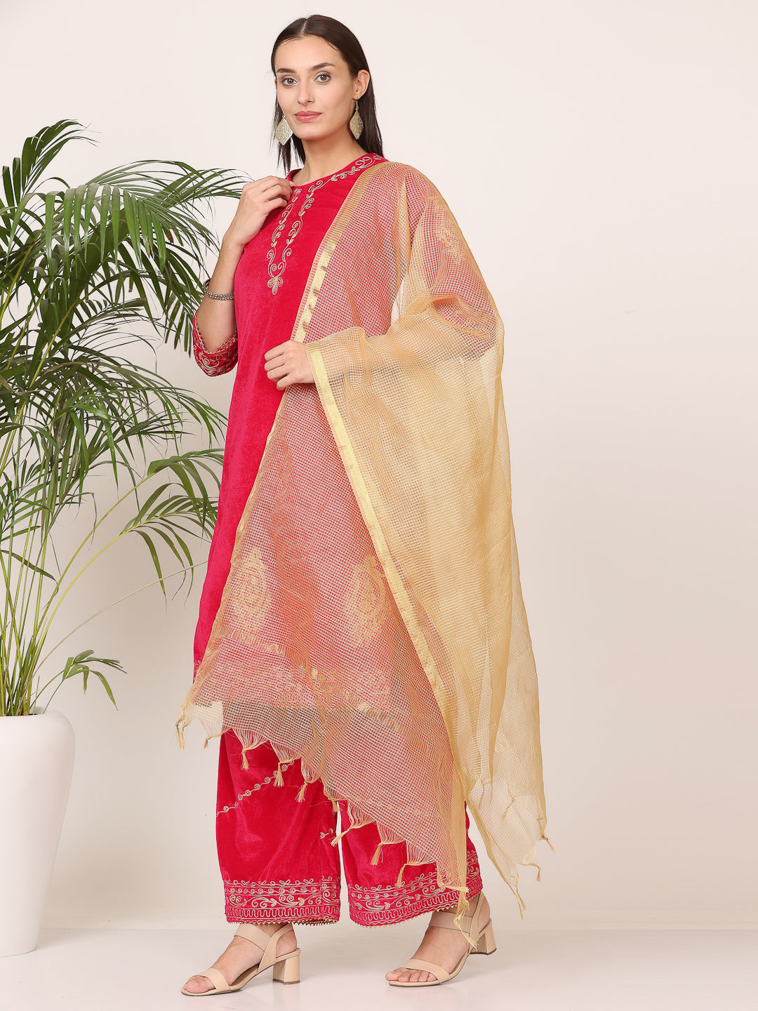 Kaanchie Nanggia Pink Velvet Embroidered Kurta Palazzo with Dupatta (Set of 3)