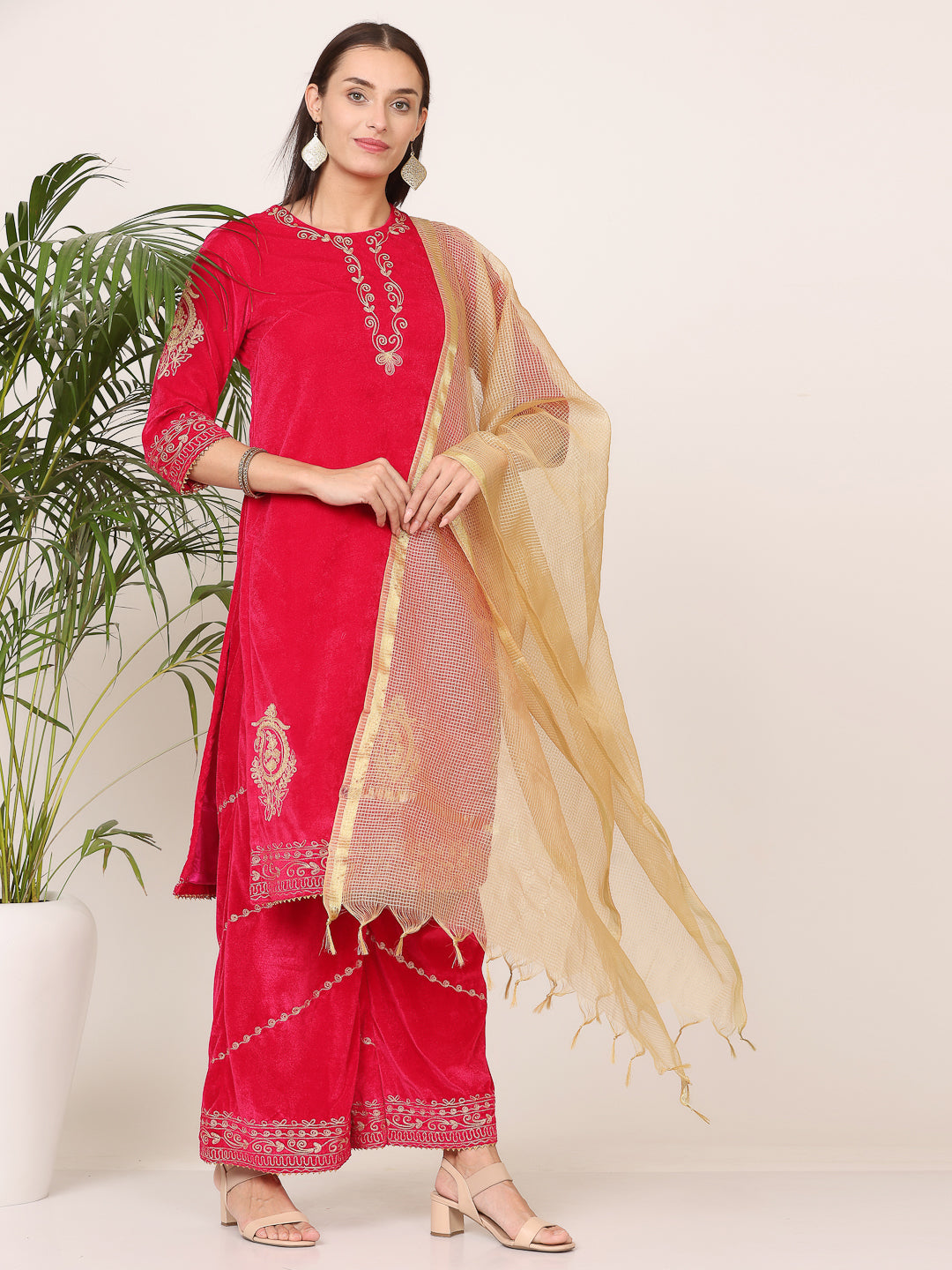 Kaanchie Nanggia Pink Velvet Embroidered Kurta Palazzo with Dupatta (Set of 3)