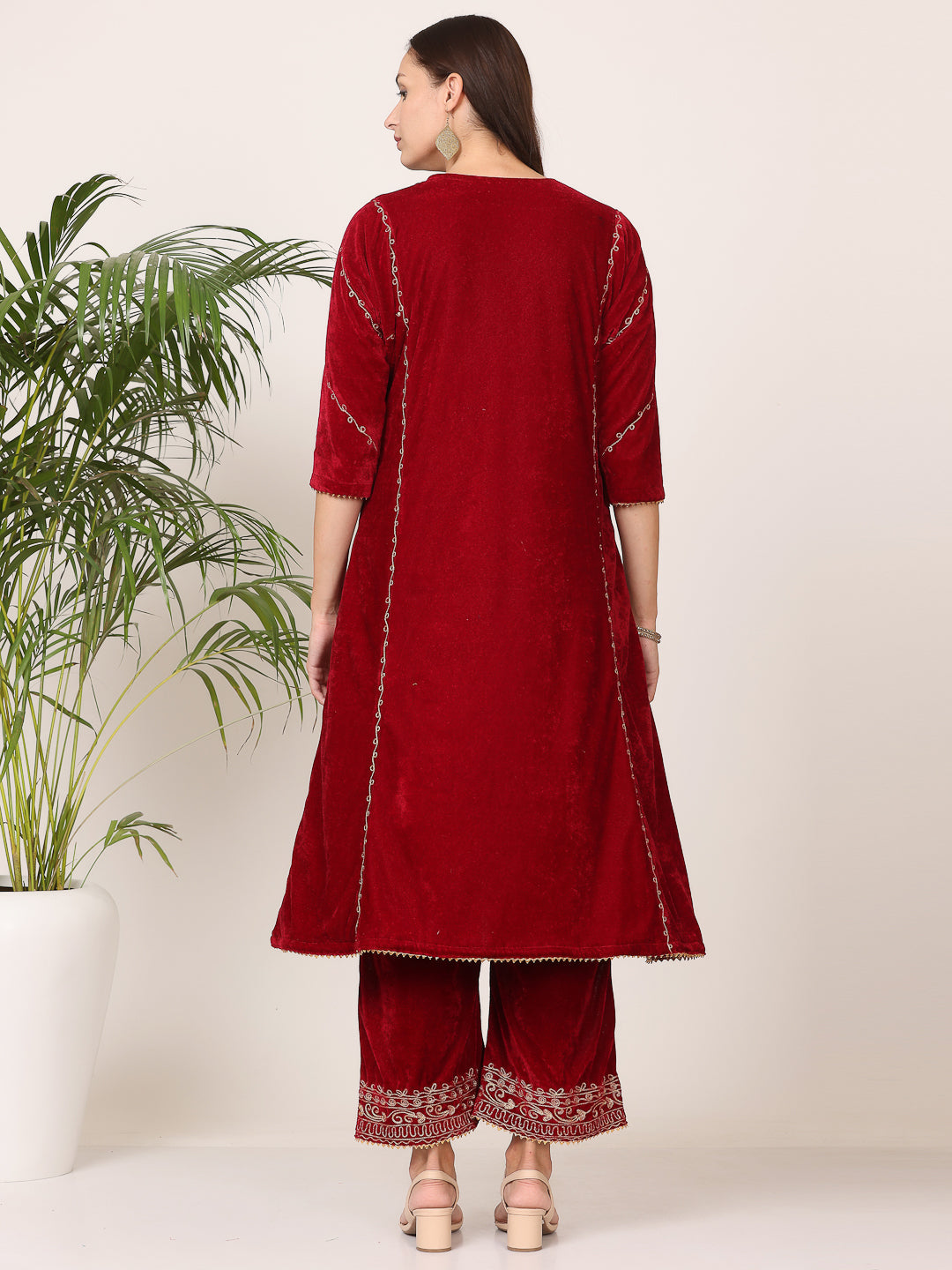 Kaanchie Nanggia Maroon Velvet Embroidered Kurta Palazzo with Dupatta (Set of 3)