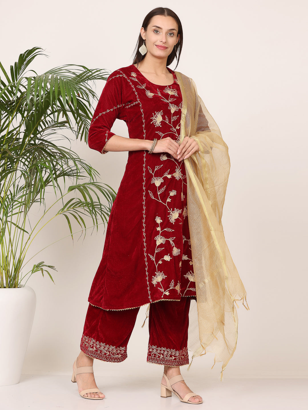 Kaanchie Nanggia Maroon Velvet Embroidered Kurta Palazzo with Dupatta (Set of 3)