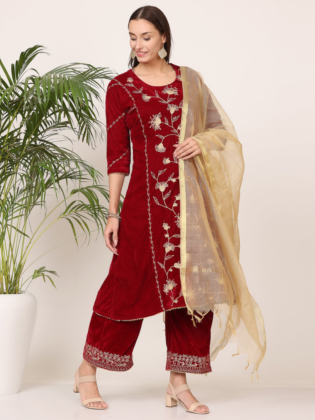 Kaanchie Nanggia Maroon Velvet Embroidered Kurta Palazzo with Dupatta (Set of 3)