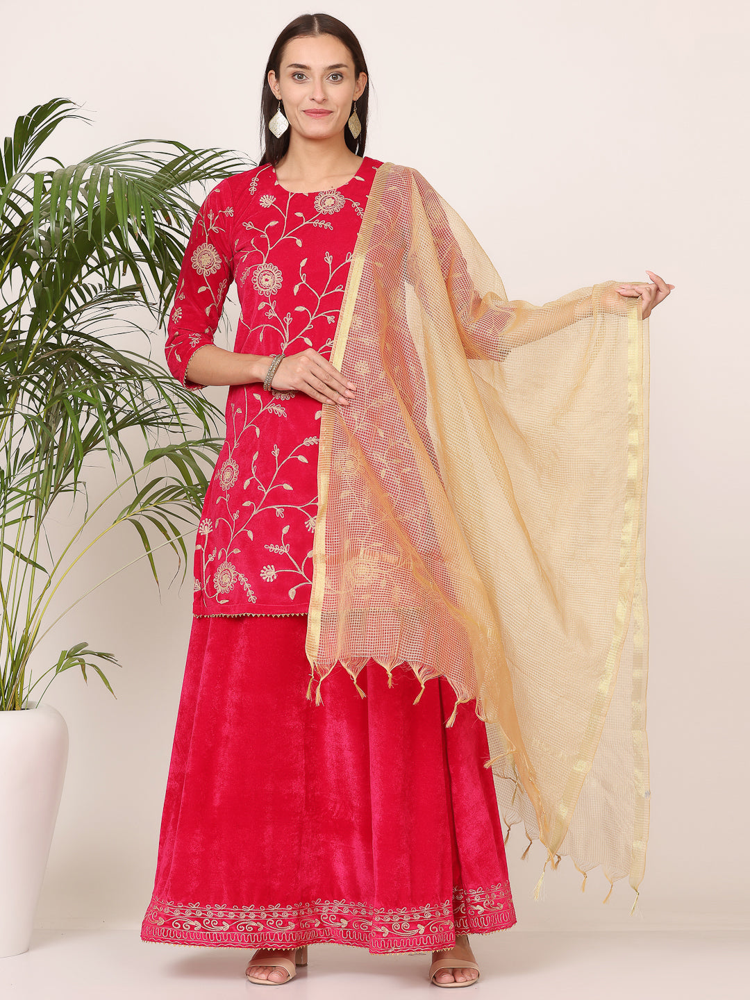 Kaanchie Nanggia Pink Velvet Embroidered Kurta Skirt with Dupatta (Set of 3)