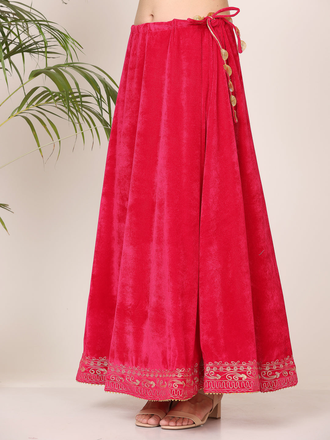 Kaanchie Nanggia Pink Velvet Embroidered Kurta Skirt with Dupatta (Set of 3)