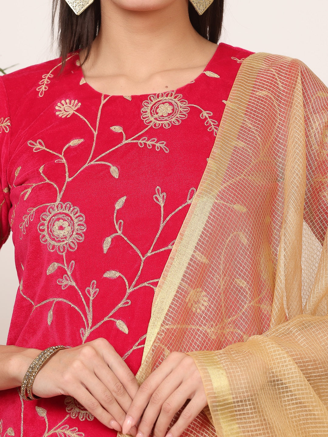 Kaanchie Nanggia Pink Velvet Embroidered Kurta Skirt with Dupatta (Set of 3)