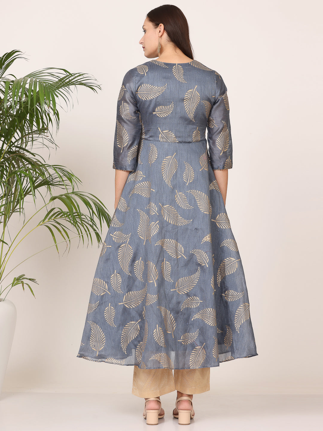 Kaanchie Nanggia Grey Silk Printed Anarkali with Pant (Set of 2)