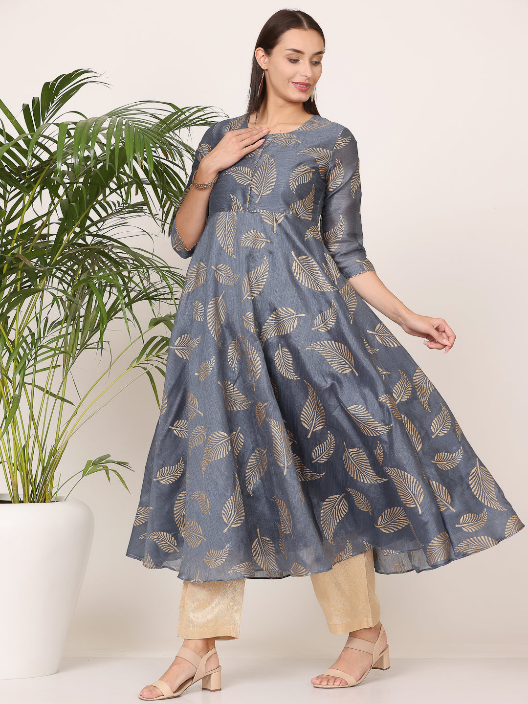 Kaanchie Nanggia Grey Silk Printed Anarkali with Pant (Set of 2)