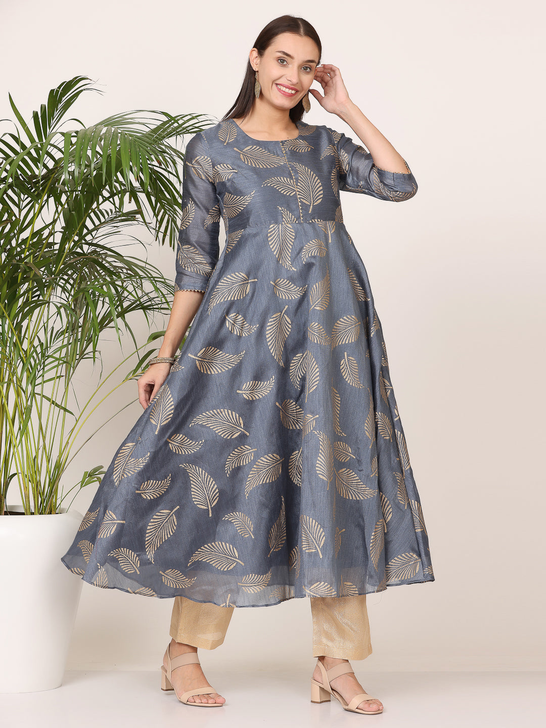 Kaanchie Nanggia Grey Silk Printed Anarkali with Pant (Set of 2)
