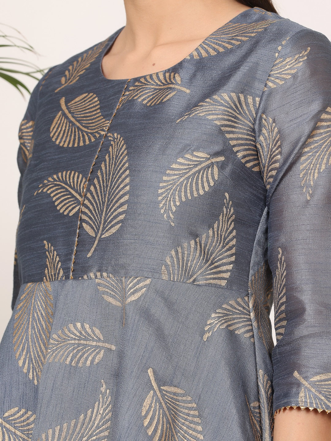 Kaanchie Nanggia Grey Silk Printed Anarkali with Pant (Set of 2)