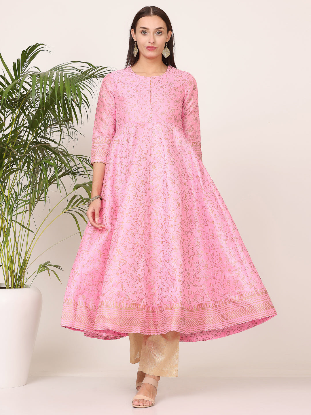 Kaanchie Nanggia Pink Silk Printed Anarkali with Pant (Set of 2)