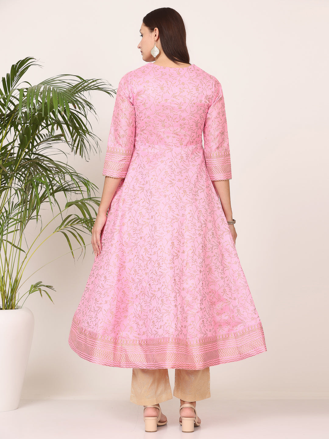 Kaanchie Nanggia Pink Silk Printed Anarkali with Pant (Set of 2)