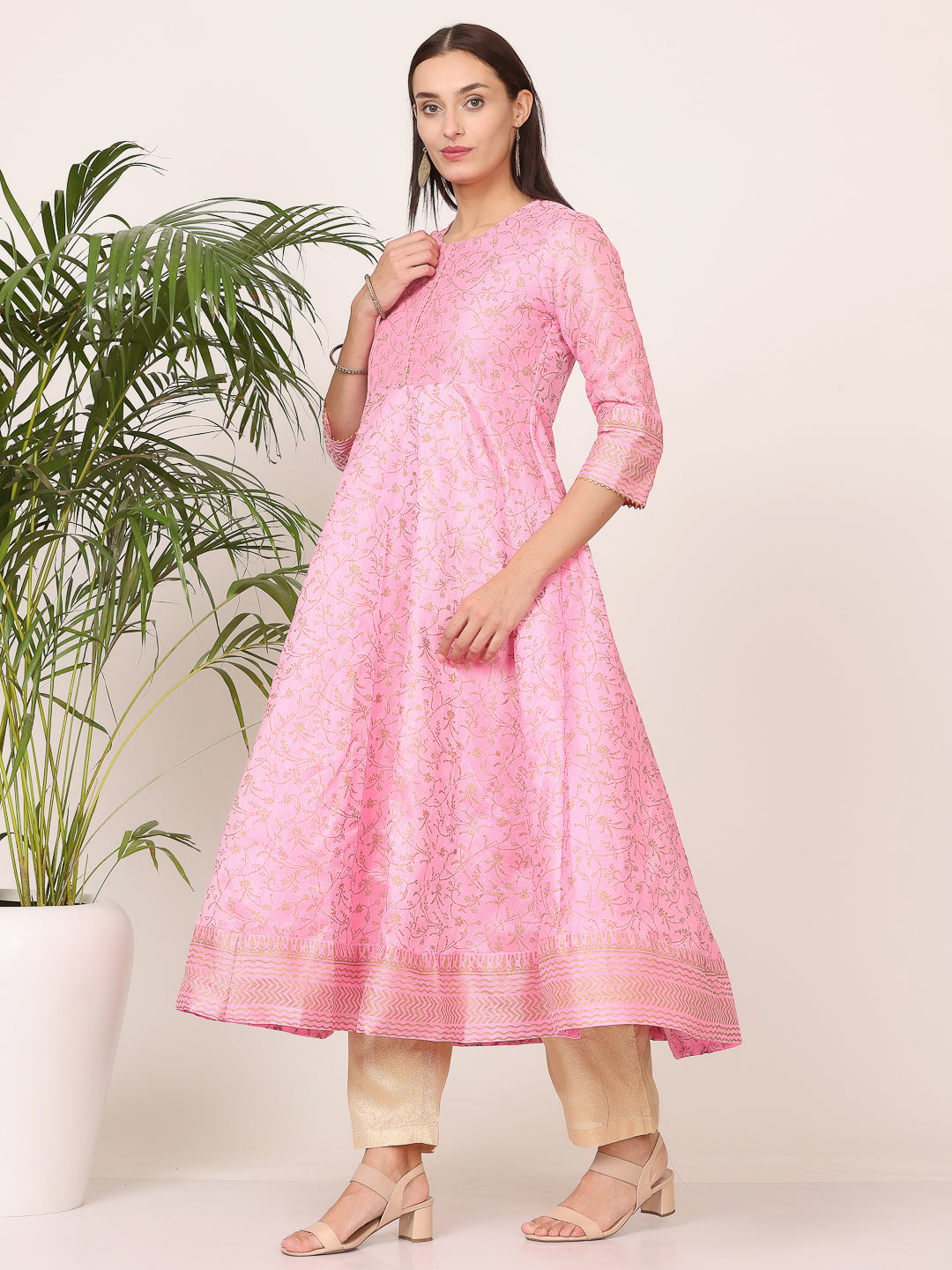 Kaanchie Nanggia Pink Silk Printed Anarkali with Pant (Set of 2)