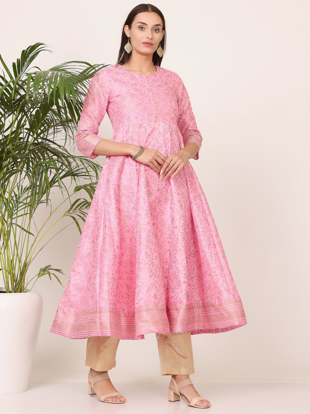 Kaanchie Nanggia Pink Silk Printed Anarkali with Pant (Set of 2)