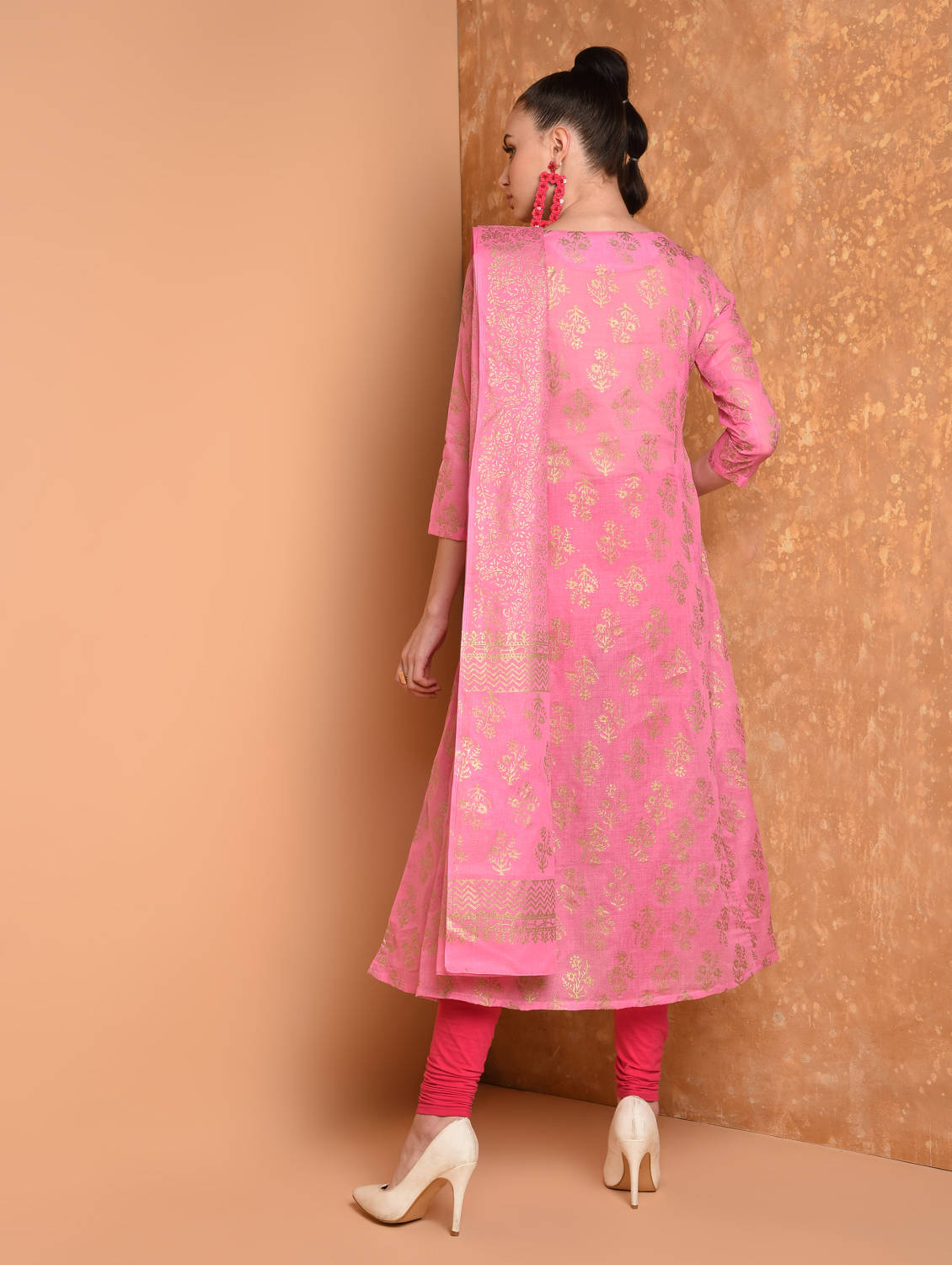 Kaanchie Nanggia Pink Block Printed Flared Kurta With Leggings And Dupatta (Set of 3)