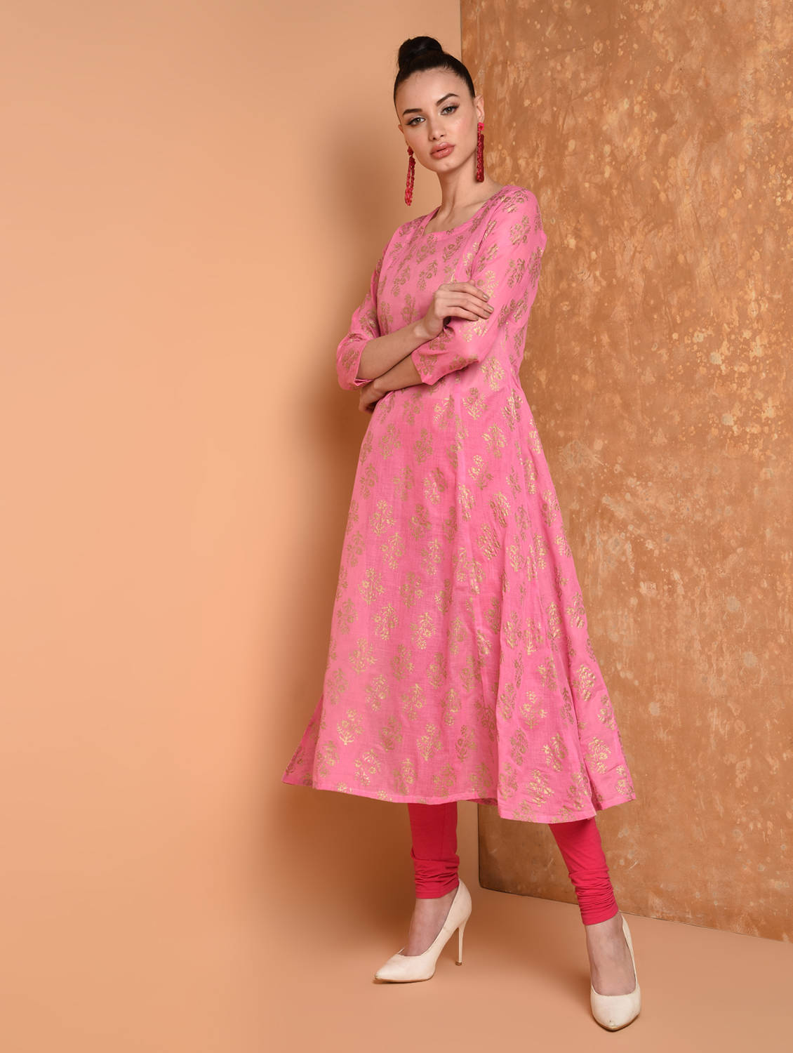 Kaanchie Nanggia Pink Block Printed Flared Kurta With Leggings And Dupatta (Set of 3)