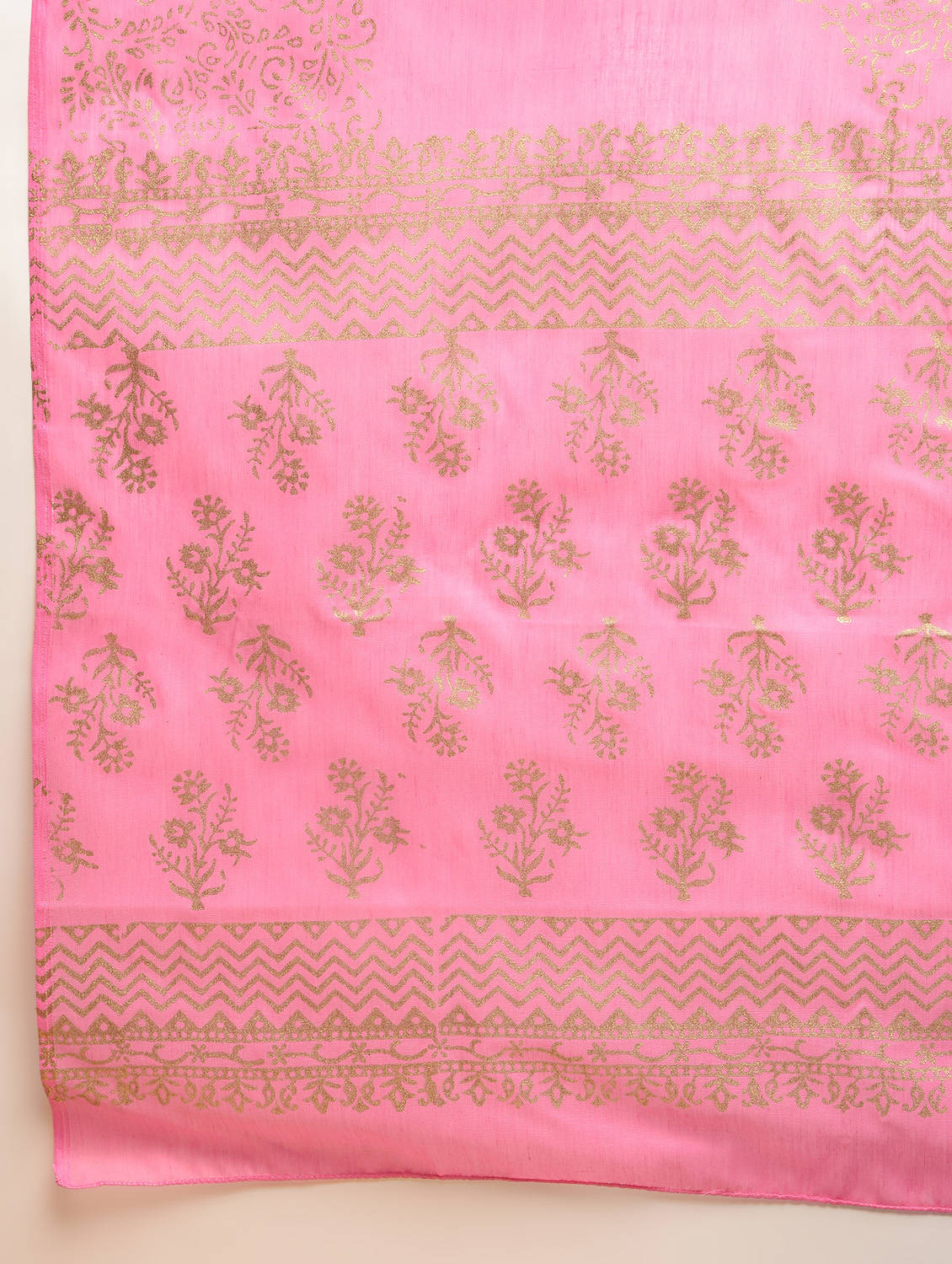 Kaanchie Nanggia Pink Block Printed Flared Kurta With Leggings And Dupatta (Set of 3)