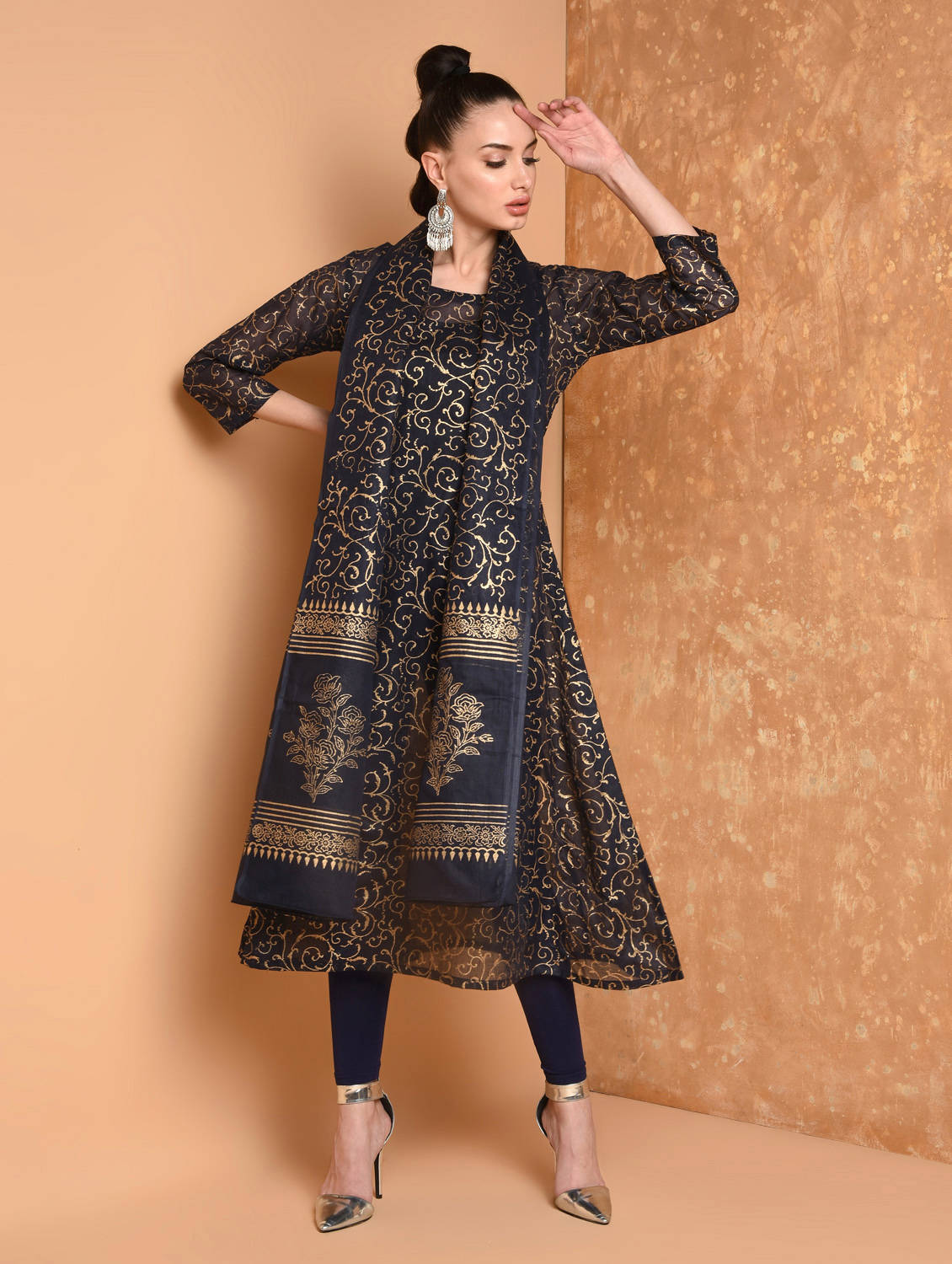Kaanchie Nanggia Navy Blue Block Printed Flared Kurta With Leggings And Dupatta (Set of 3)