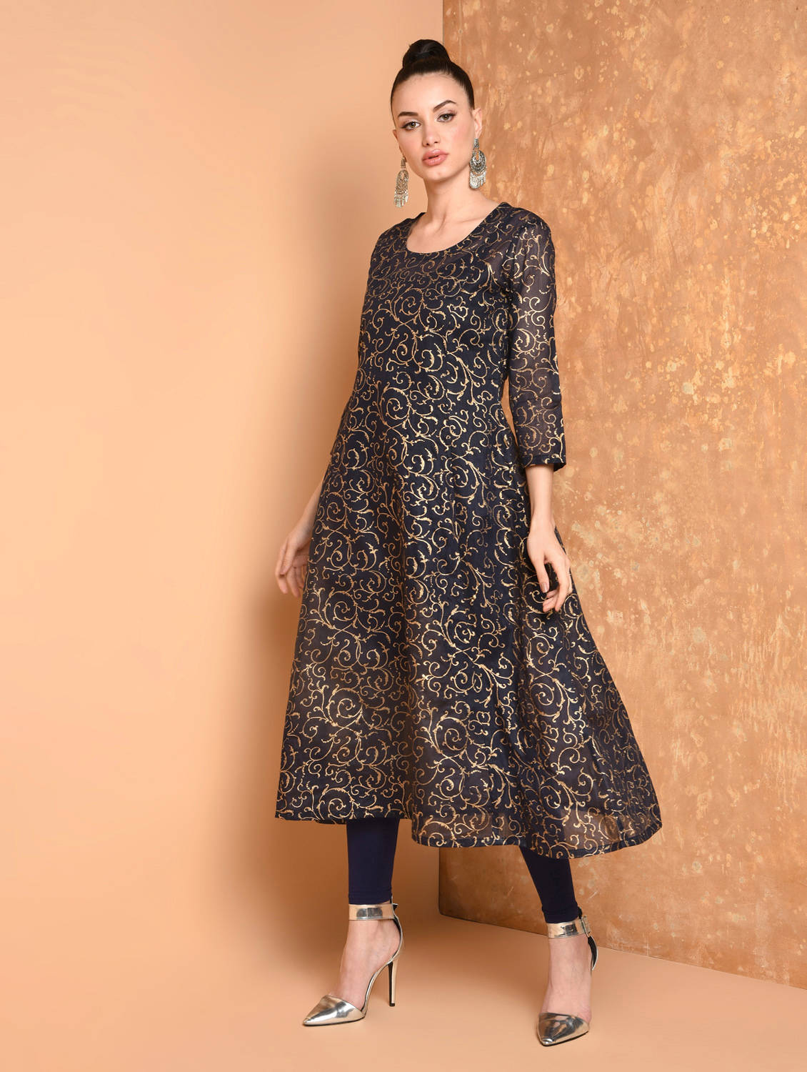 Kaanchie Nanggia Navy Blue Block Printed Flared Kurta With Leggings And Dupatta (Set of 3)