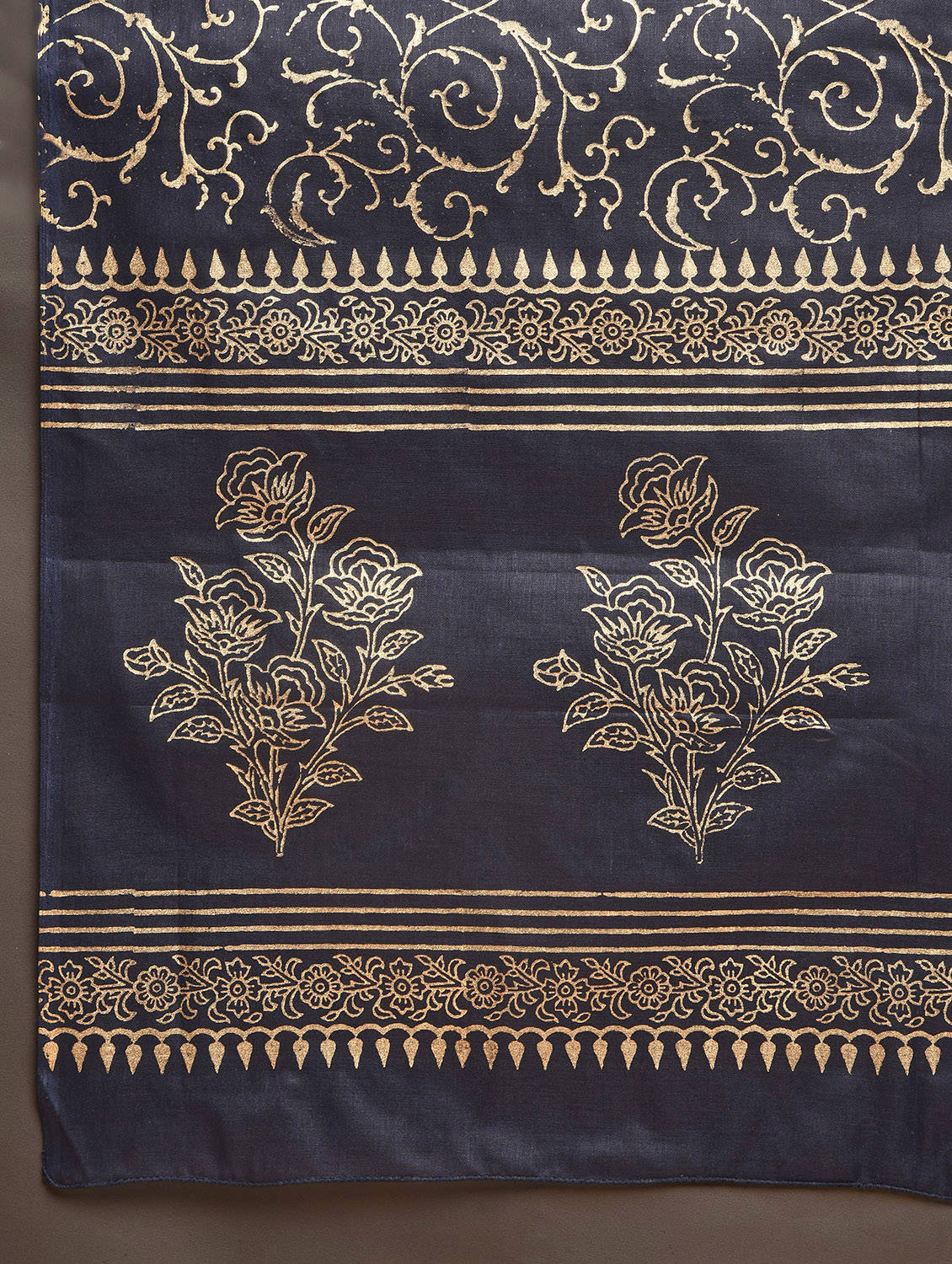 Kaanchie Nanggia Navy Blue Block Printed Flared Kurta With Leggings And Dupatta (Set of 3)