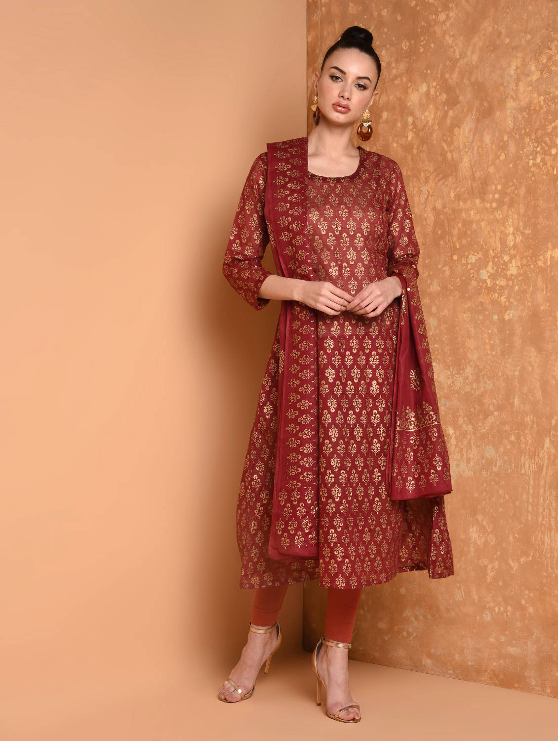 Kaanchie Nanggia Maroon Block Printed Flared Kurta With Leggings And Dupatta (Set of 3)