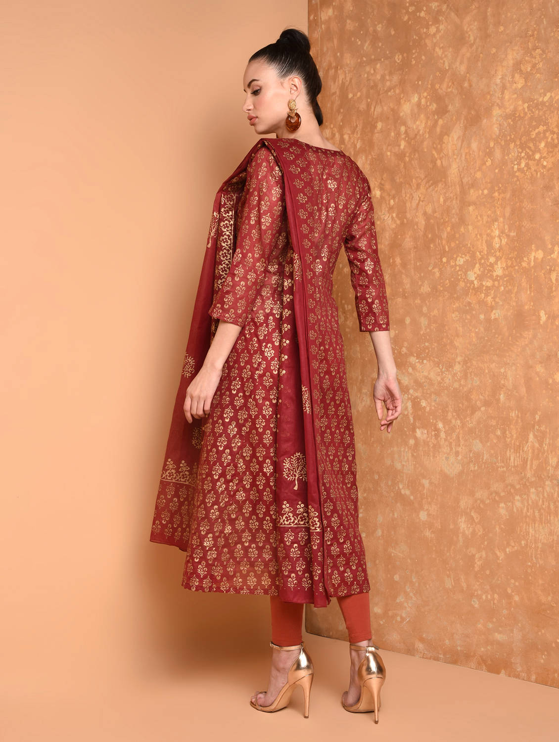 Kaanchie Nanggia Maroon Block Printed Flared Kurta With Leggings And Dupatta (Set of 3)