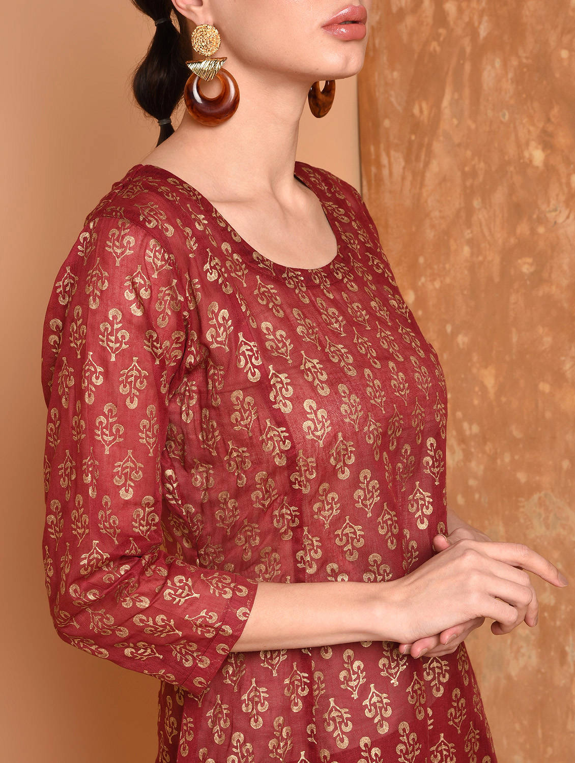 Kaanchie Nanggia Maroon Block Printed Flared Kurta With Leggings And Dupatta (Set of 3)