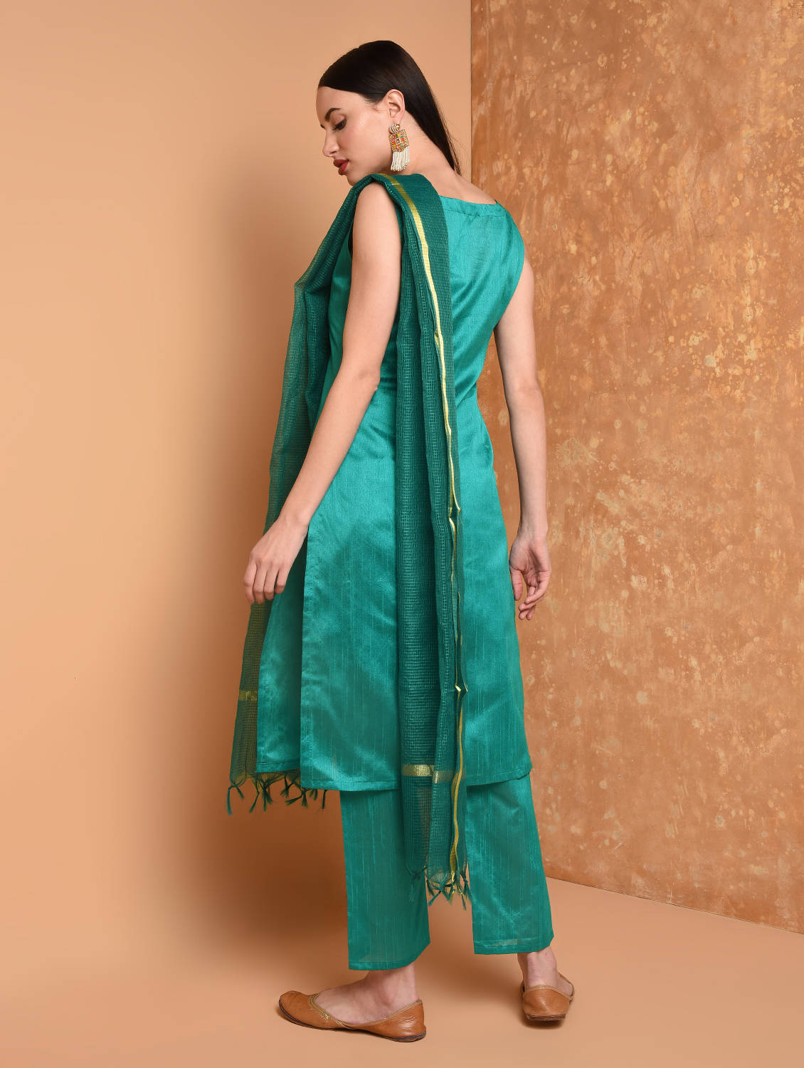 Kaanchie Nanggia Teal Solid Kurta And Pant With Dupatta (Set of 3)