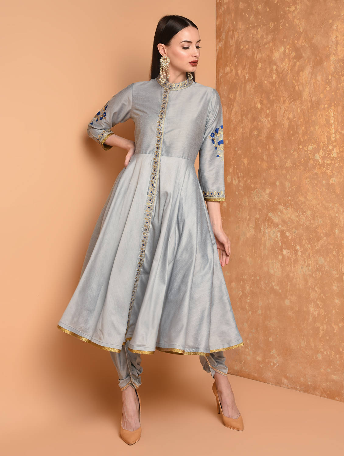 Kaanchie Nanggia Grey Embroidered Kurta And Dhoti Pant (Set of 2)