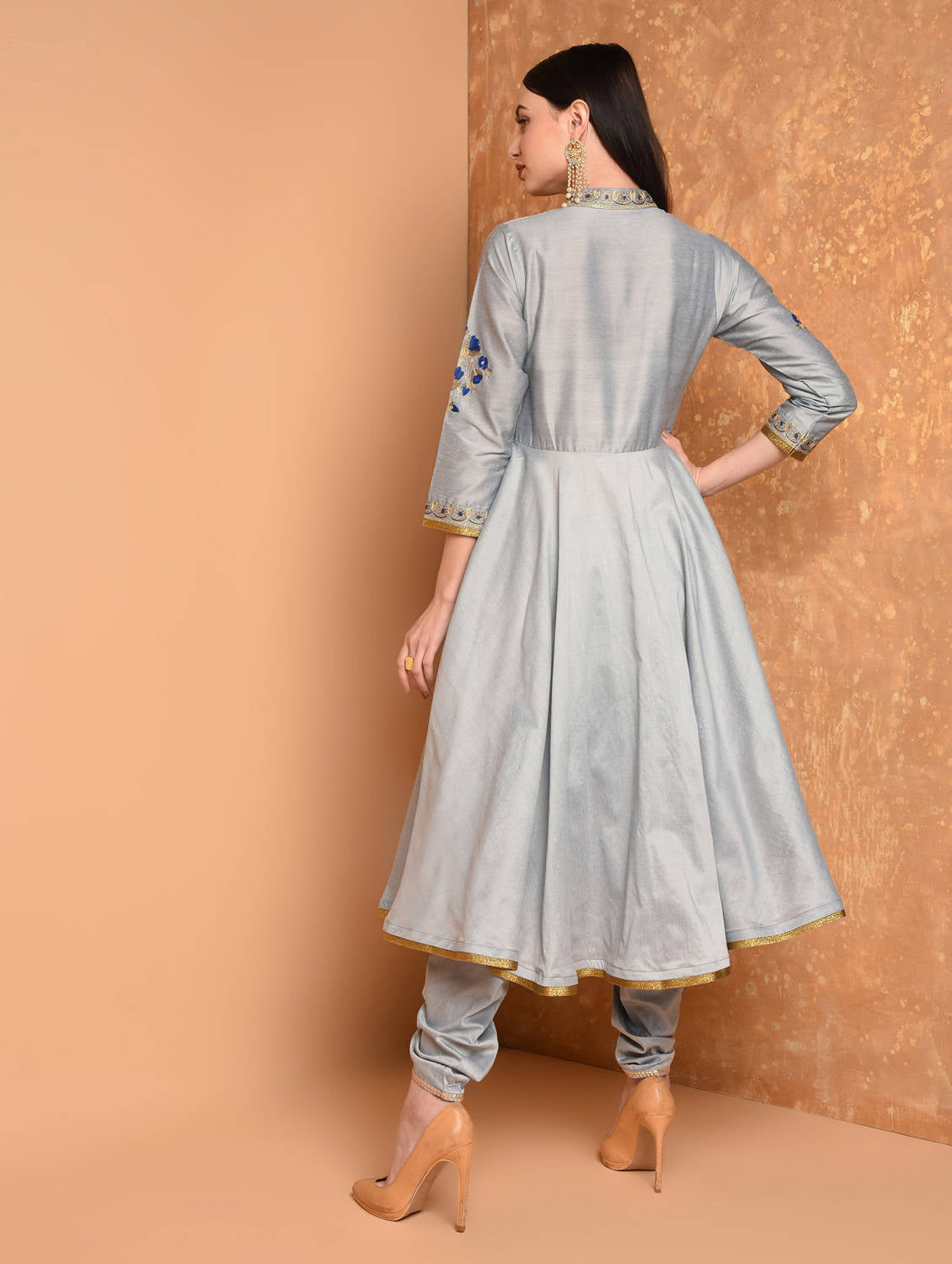 Kaanchie Nanggia Grey Embroidered Kurta And Dhoti Pant (Set of 2)