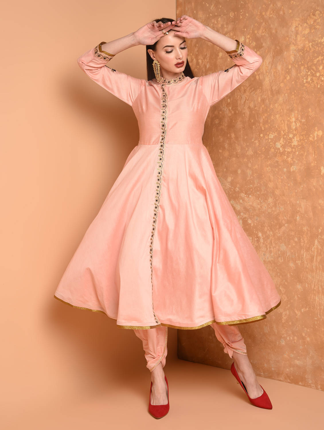 Kaanchie Nanggia Peach Embroidered Kurta And Dhoti Pant (Set of 2)