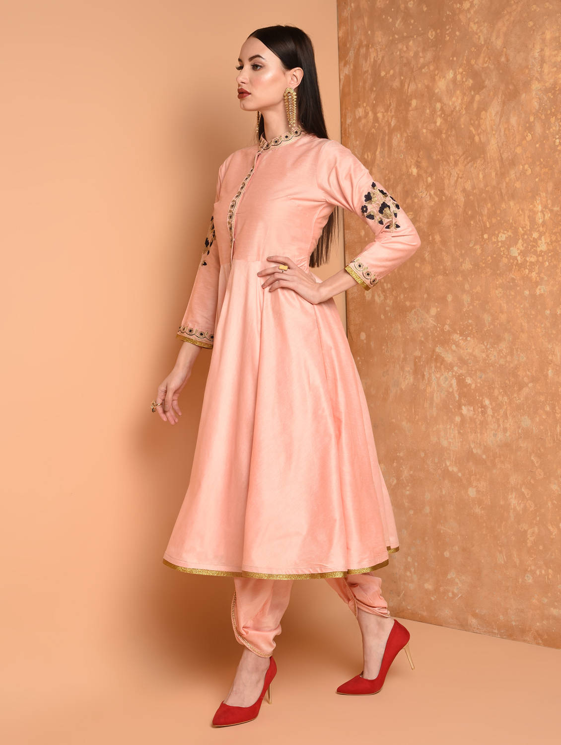 Kaanchie Nanggia Peach Embroidered Kurta And Dhoti Pant (Set of 2)