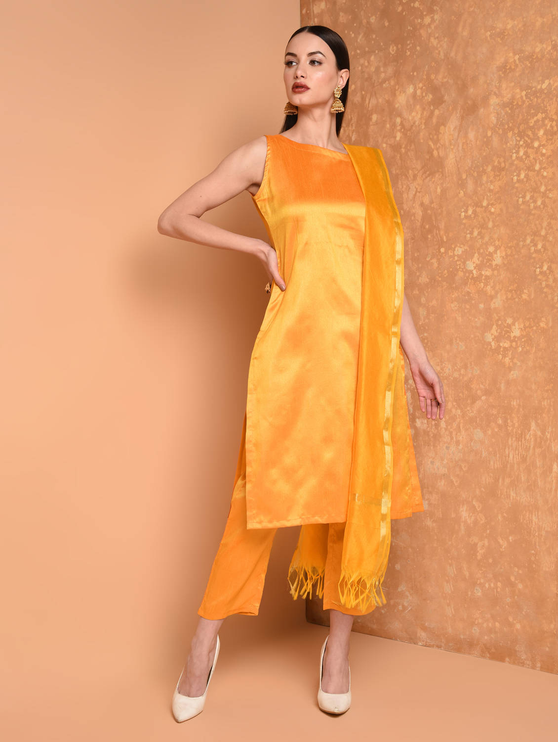 Kaanchie Nanggia Yellow Solid Kurta And Pant With Dupatta (Set of 3)