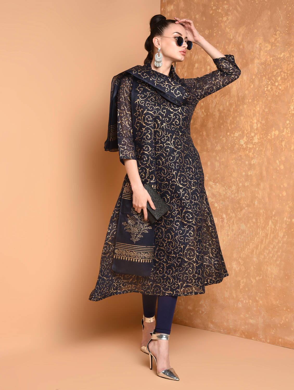 Kaanchie Nanggia Navy Blue Block Printed Flared Kurta With Leggings And Dupatta (Set of 3)