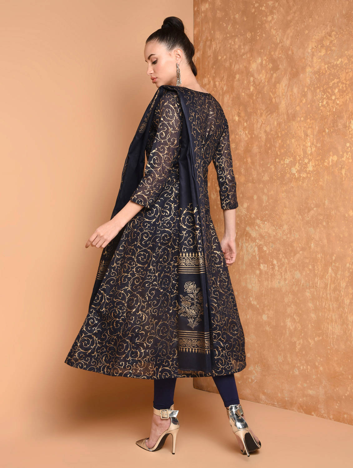 Kaanchie Nanggia Navy Blue Block Printed Flared Kurta With Leggings And Dupatta (Set of 3)