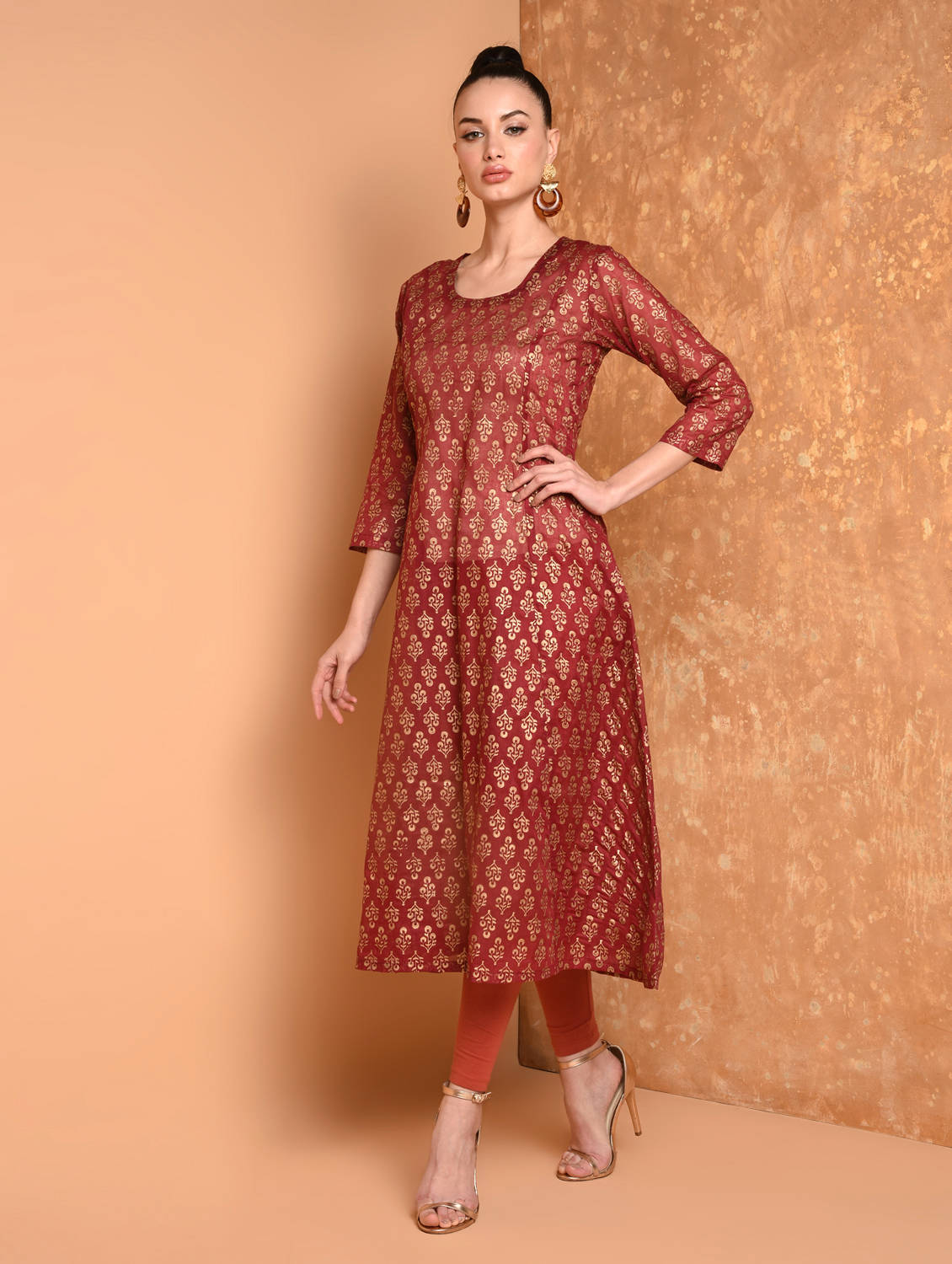 Kaanchie Nanggia Maroon Block Printed Flared Kurta With Leggings And Dupatta (Set of 3)
