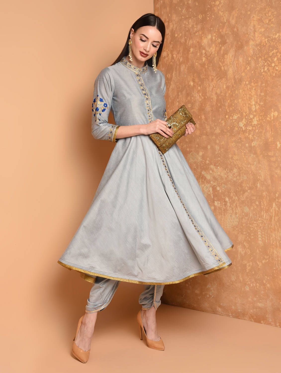 Kaanchie Nanggia Grey Embroidered Kurta And Dhoti Pant (Set of 2)