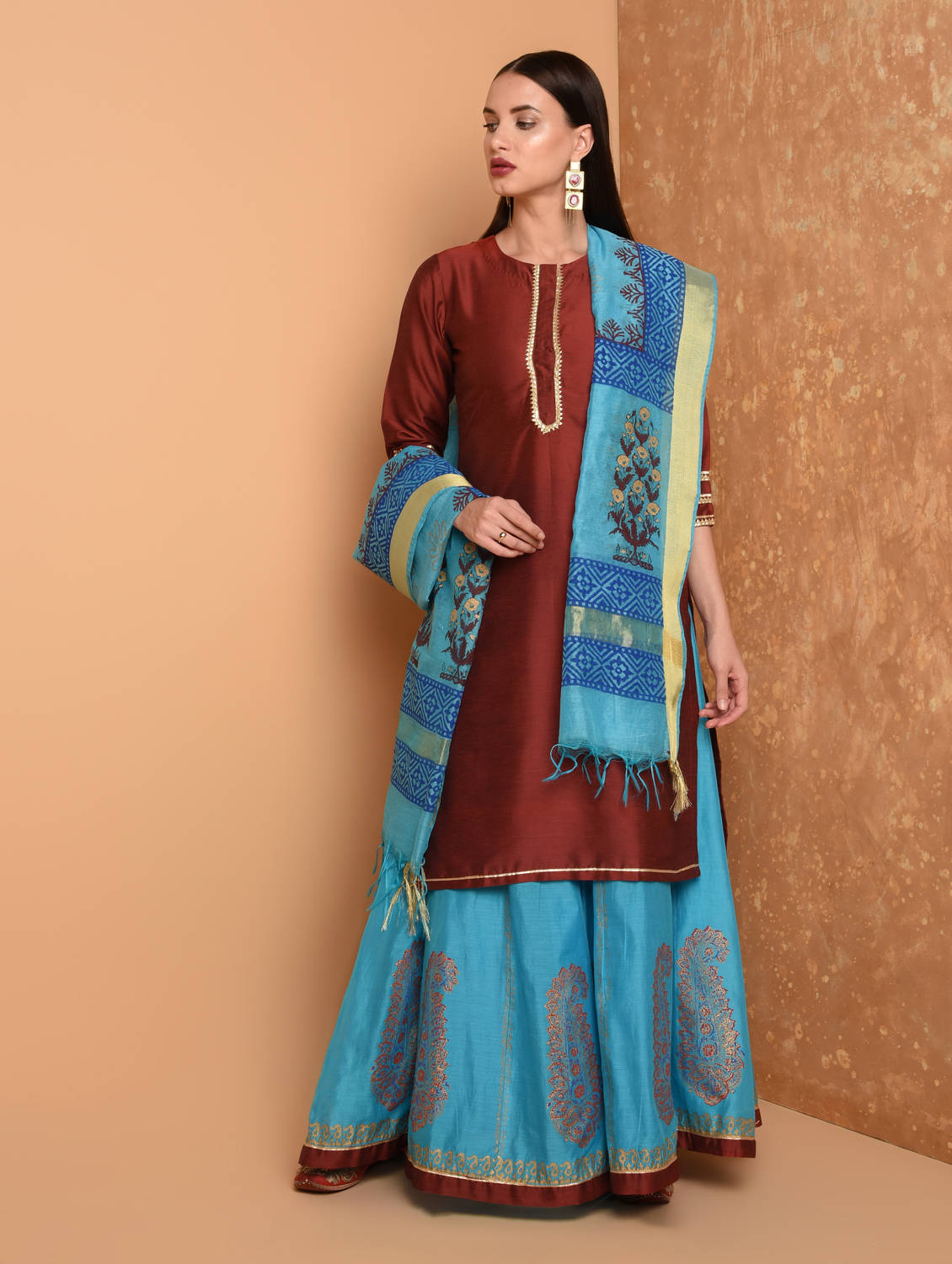 Kaanchie Nanggia Maroon Silk Kurta With Chanderi Skirt And Dupatta (Set Of 3)