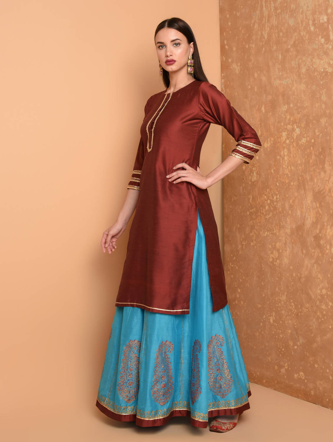 Kaanchie Nanggia Maroon Silk Kurta With Chanderi Skirt And Dupatta (Set Of 3)
