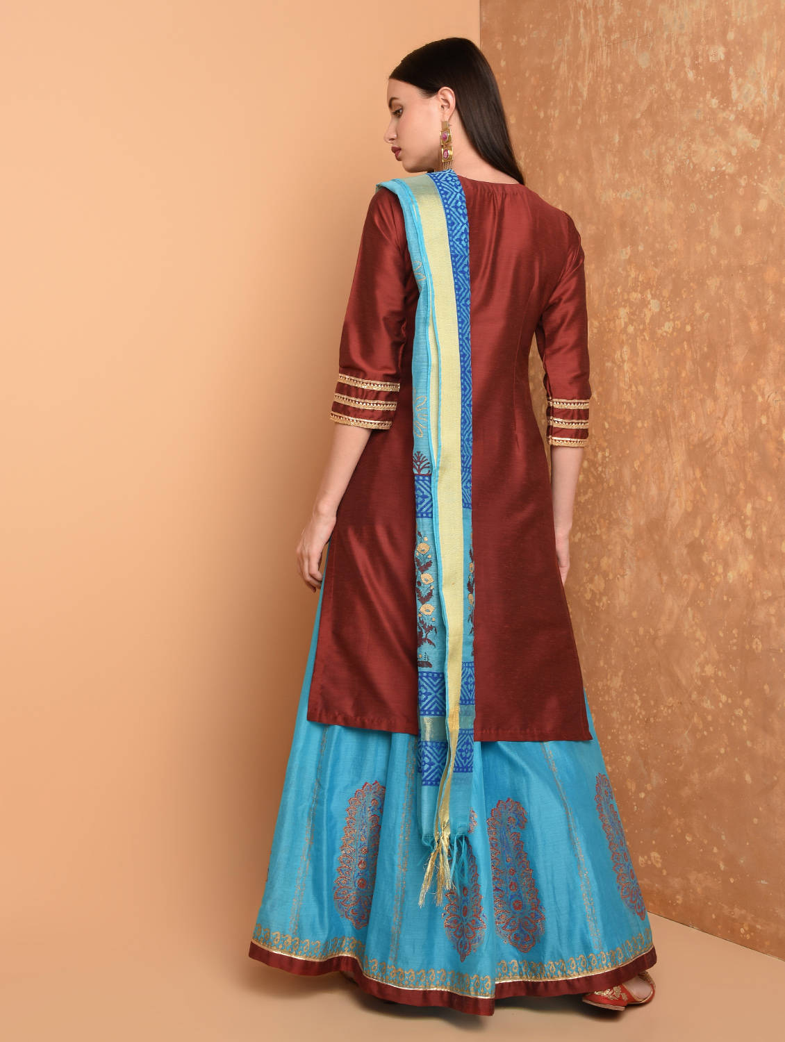 Kaanchie Nanggia Maroon Silk Kurta With Chanderi Skirt And Dupatta (Set Of 3)