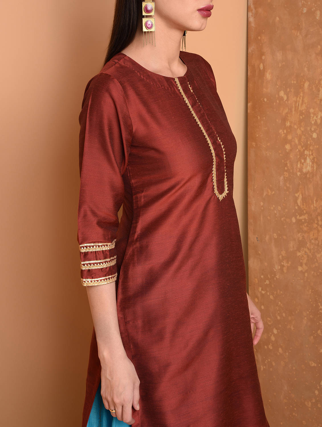 Kaanchie Nanggia Maroon Silk Kurta With Chanderi Skirt And Dupatta (Set Of 3)