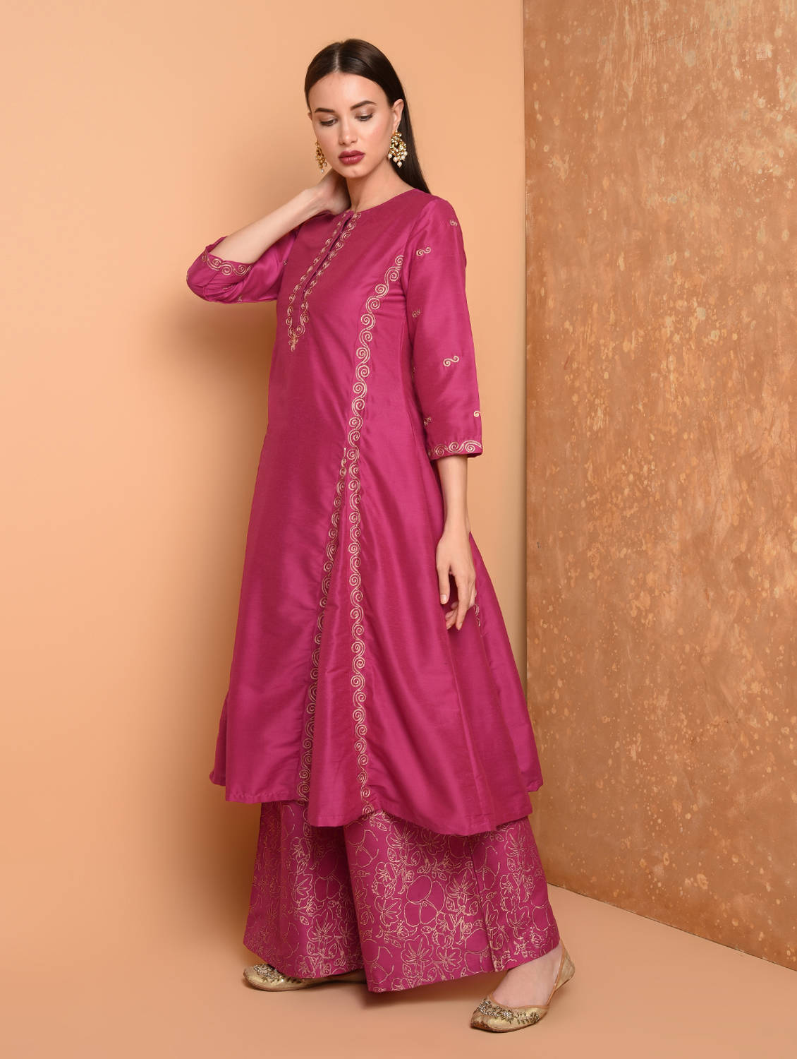 Kaanchie Nanggia Pink Silk Kurta With Chanderi Palazzo And Dupatta (Set Of 3)