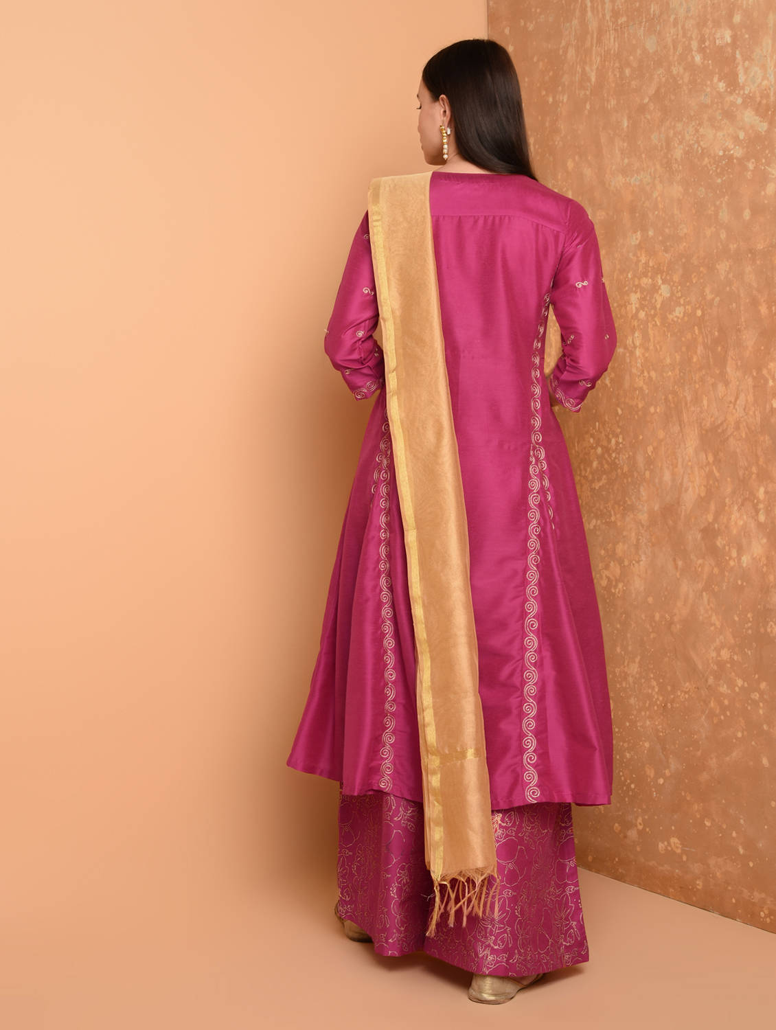 Kaanchie Nanggia Pink Silk Kurta With Chanderi Palazzo And Dupatta (Set Of 3)