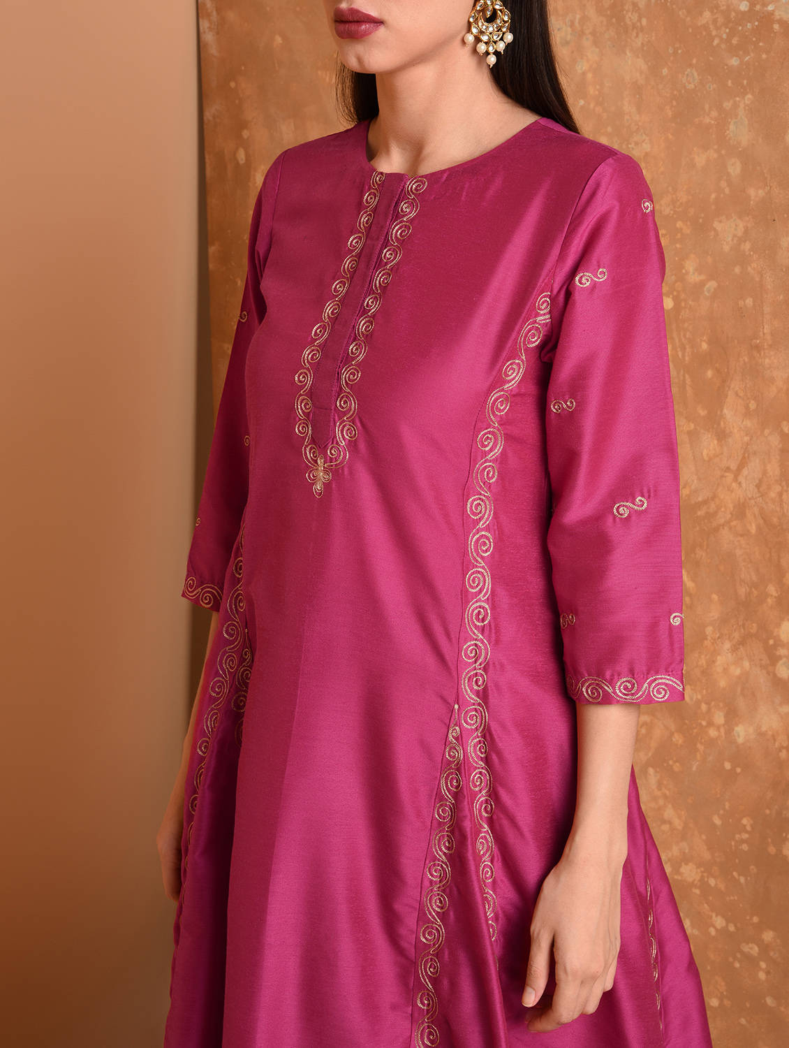 Kaanchie Nanggia Pink Silk Kurta With Chanderi Palazzo And Dupatta (Set Of 3)