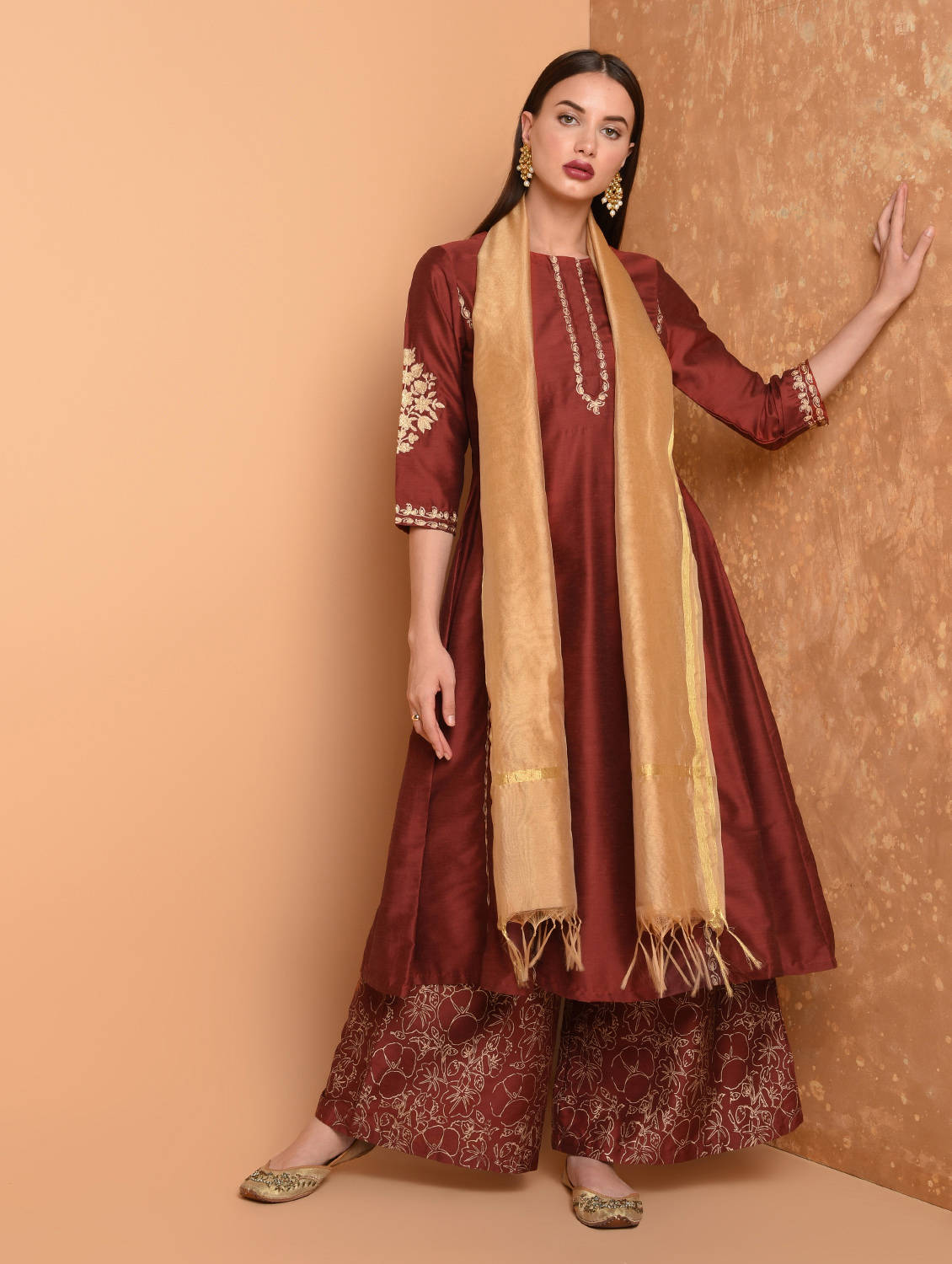 Kaanchie Nanggia Maroon Silk Kurta With Chanderi Palazzo And Dupatta (Set Of 3)